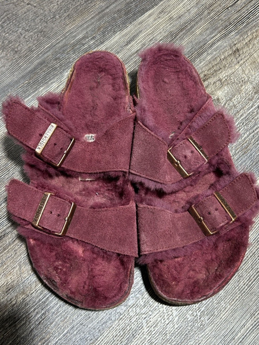 Birkenstock Women's Plush Two-Strap Sandals in Burgundy Sherpa Lined